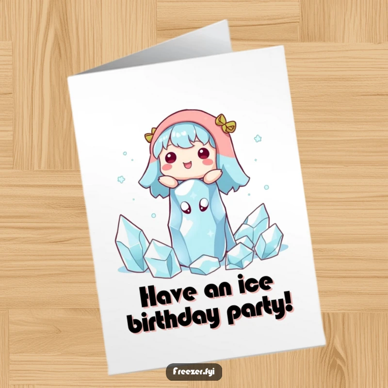 Funny Free Printable Birthday Card: Character floating serenely amidst ice crystals, a cool downloadable gift.