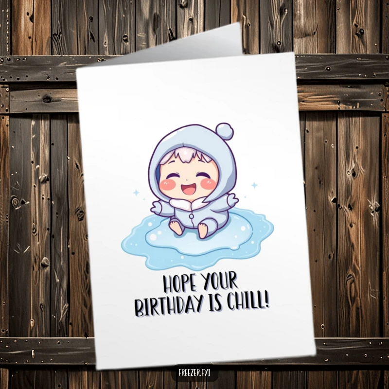 Funny Free Printable Birthday Card: Character with icy blue cheeks laughing happily while sliding on a frozen puddle. Winter fun.