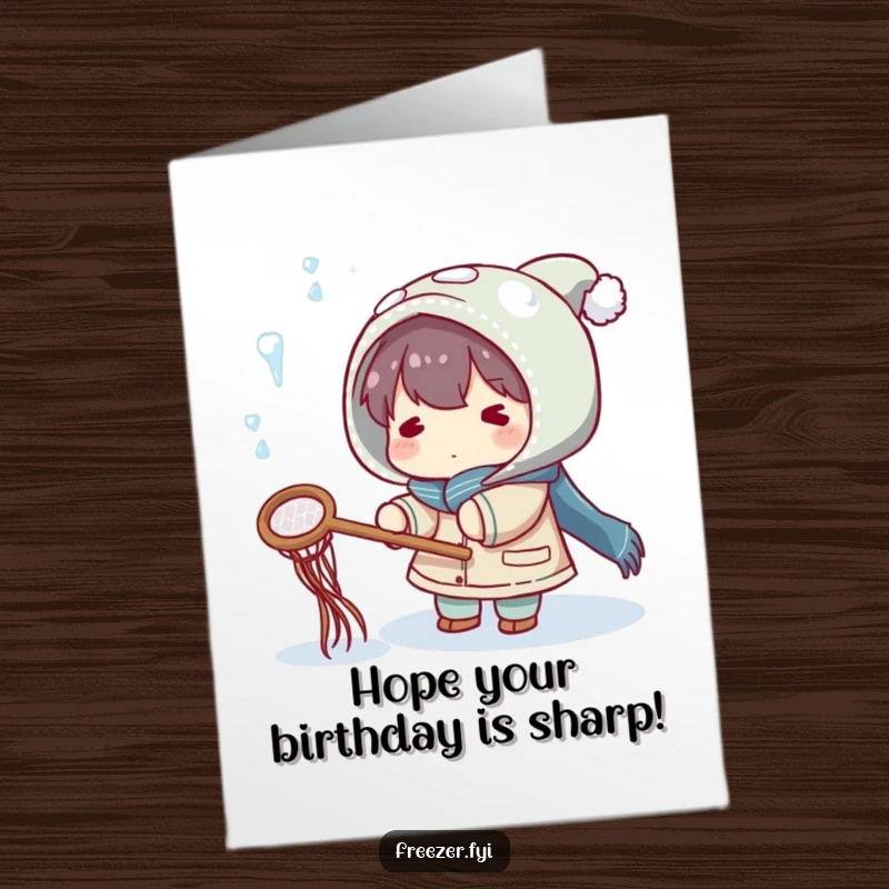 Funny Free Printable Birthday Card: Character Netting Falling Icicles, Wacky Winter Birthday Fun