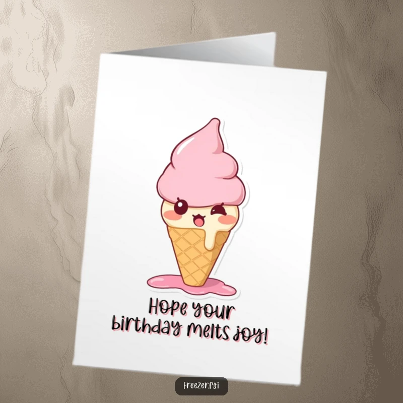 Funny Free Printable Birthday Card featuring a bewildered, melting ice cream cone character, surprised by the celebration.