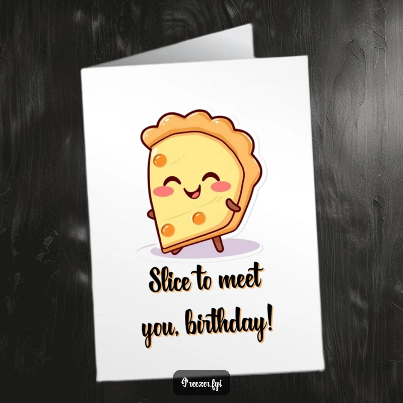 Funny Free Printable Birthday Card: A happy pie slice character beaming with a warm smile from a chilly surface.