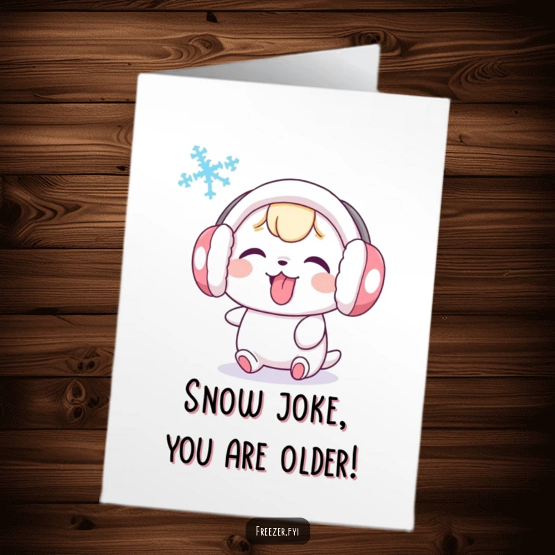 Funny Free Printable Birthday Card: Cute character with earmuffs sticking tongue out playfully at a snowflake. Hilarious winter humor.