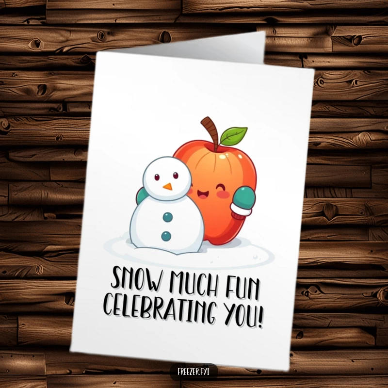 Funny Free Printable Birthday Card: Adorable apple with mittens struggles to build a carrot-nosed snowman
