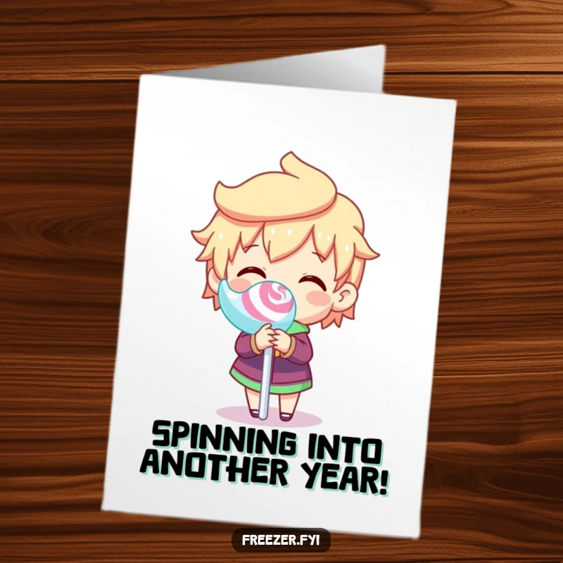 Funny Free Printable Birthday Card: Character joyfully spinning a frozen lollipop stick, spreading cheer.