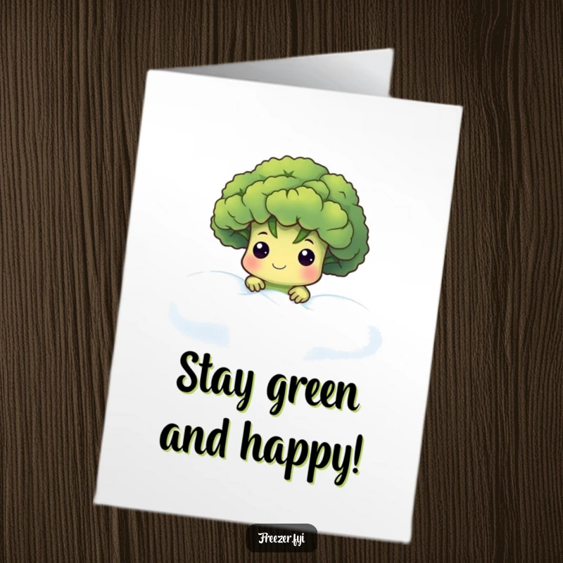 Funny Free Printable Birthday Card: Cute broccoli floret peeking stealthily from frosty fog, wishing a cool birthday.