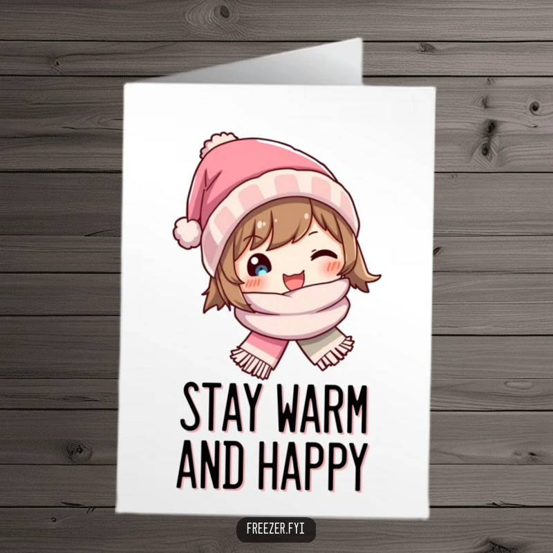 Funny Free Printable Winter Hat Birthday Card: Character happily wears a tiny hat and scarf, sending birthday cheer. Great gift.