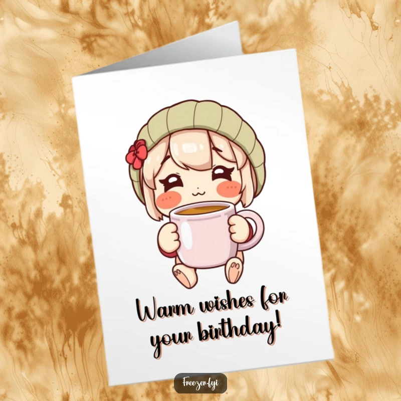Funny Free Printable Birthday Card: Character with rosy cheeks happily holding a large, steaming mug, radiating cozy birthday cheer.