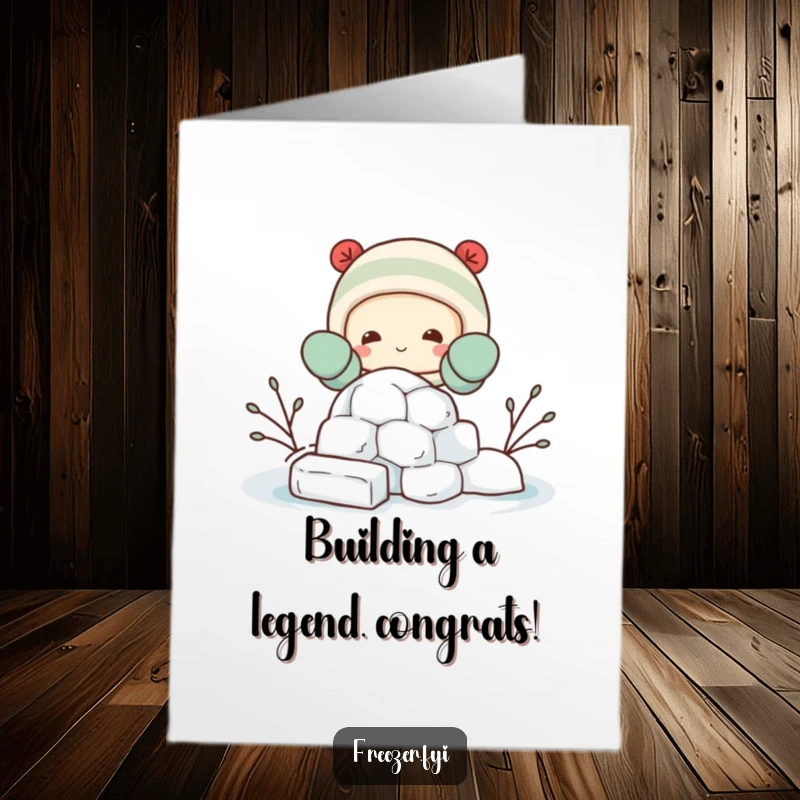 Funny Free Printable Congrats Card featuring a character building an igloo, perfect for celebrating success with a humorous downloadable art.