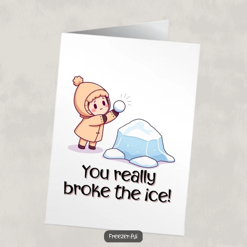 Funny Free Printable Congrats Card: Character Aiming a Snowball at a Curious Ice Floe, Winter Victory