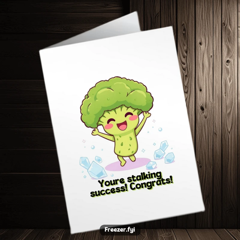 Free Printable Congratulations Card: A delighted broccoli character performs a happy dance surrounded by icy sparkle.