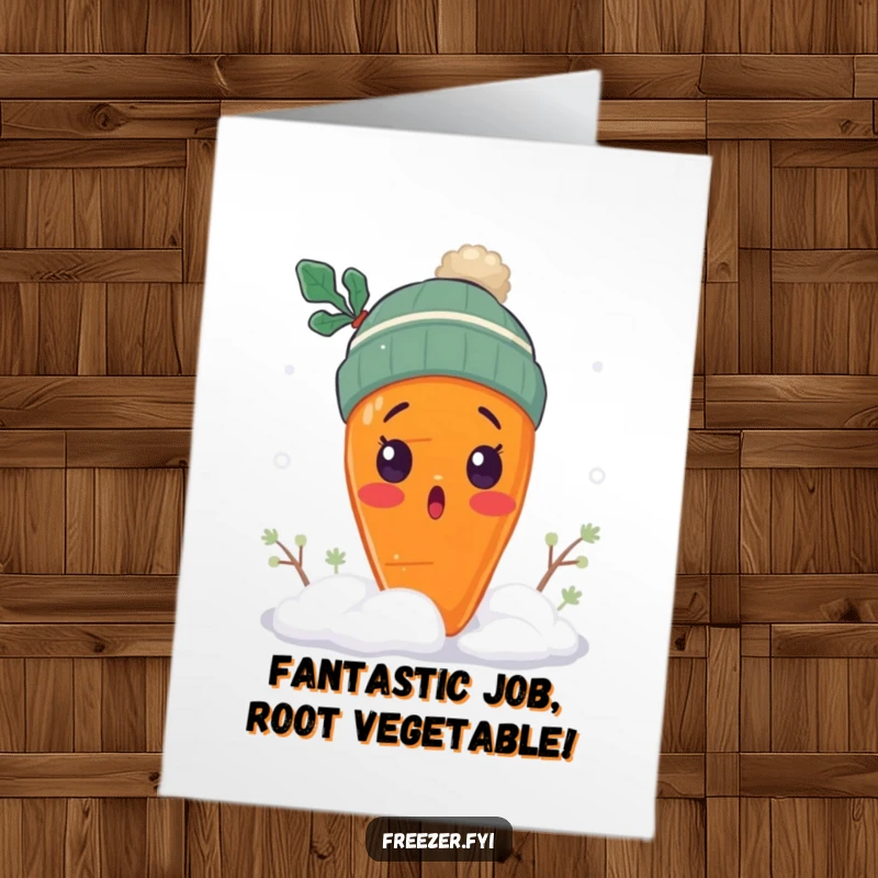 Funny Free Printable Carrot Congratulations Card: A surprised carrot wearing a tiny winter hat is shivering in snow.