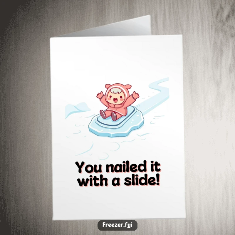 Funny Free Printable Congrats Card: A character slides happily across ice with arms spread, perfect for a downloadable gift.