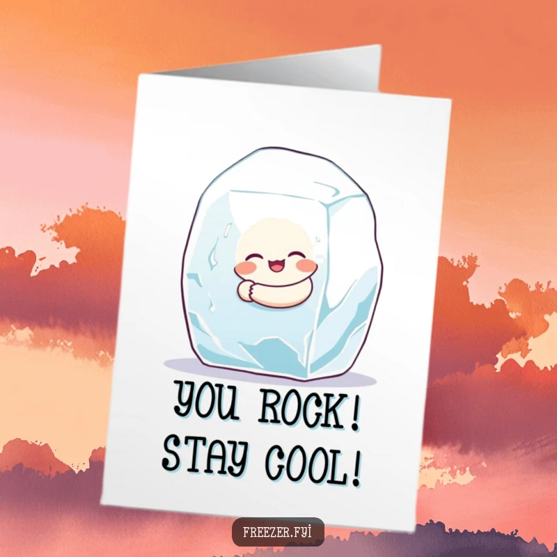 Funny free printable congratulations card: a small, round character gleefully embracing a giant ice cube.