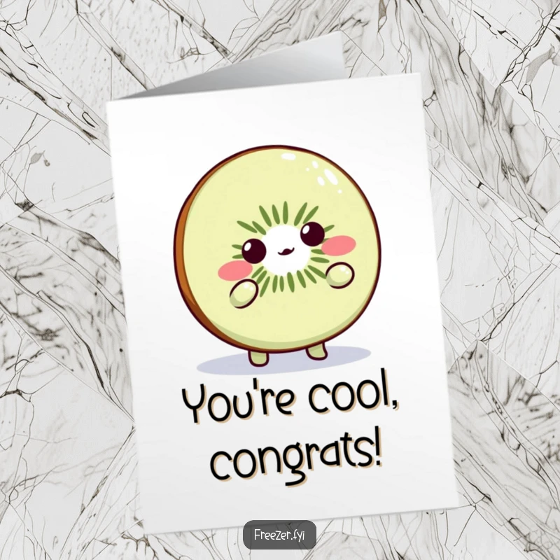 Funny Free Printable Congratulations Card: Adorable kiwi slice character shrugging casually, celebrating an achievement with a cool vibe, DIY.