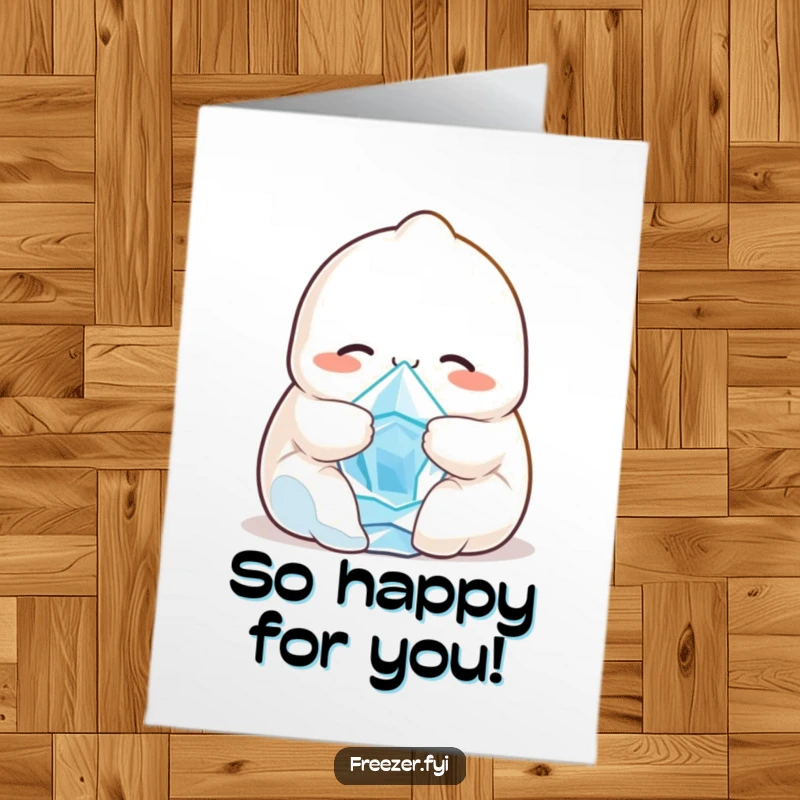Funny Free Printable Congrats Card: A smiling dumpling character giving a warm hug to a shivering ice crystal, full of congratulations.