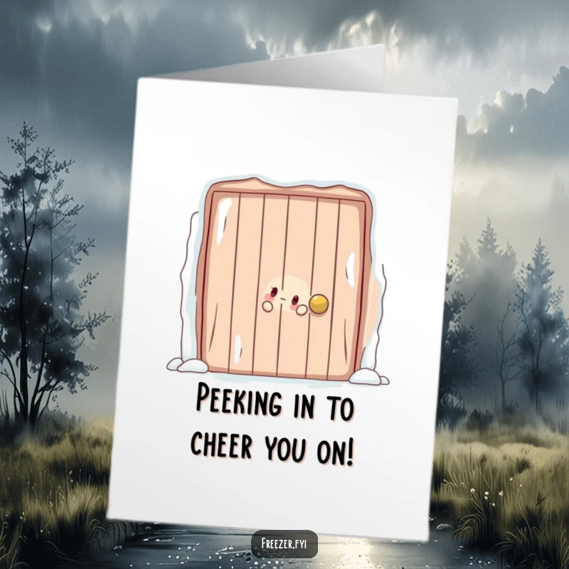 Funny Free Printable Congratulations Card: Character playfully peeking behind a large, frosty door, hinting at exciting congratulatory news.