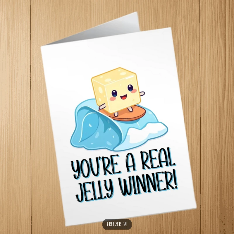Funny Free Printable congratulations card: a wobbly jelly cube surfing a small frozen wave, a playful and encouraging message.