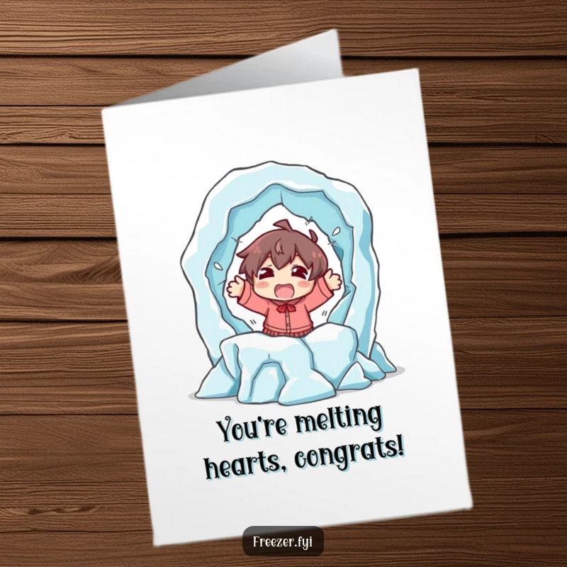 Funny Free Printable Congrats Card: Character shocked while escaping a melting ice sculpture, a dynamic downloadable.