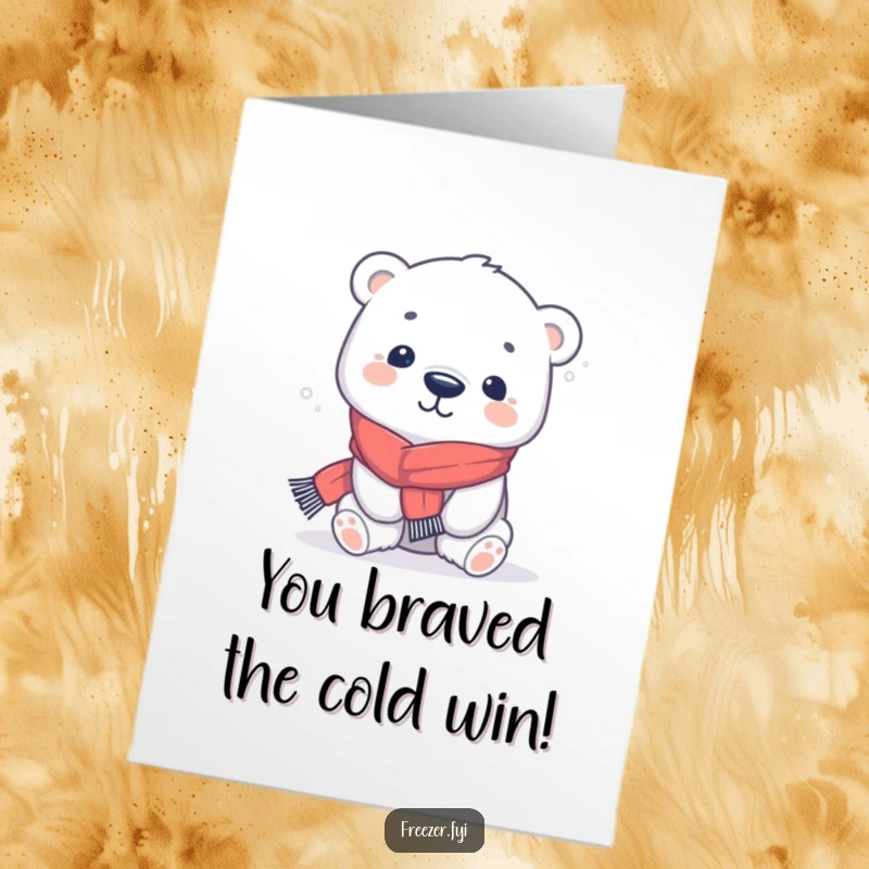 Free Printable Congratulations Card with a kawaii polar bear in a scarf, shivering playfully, celebrating success.