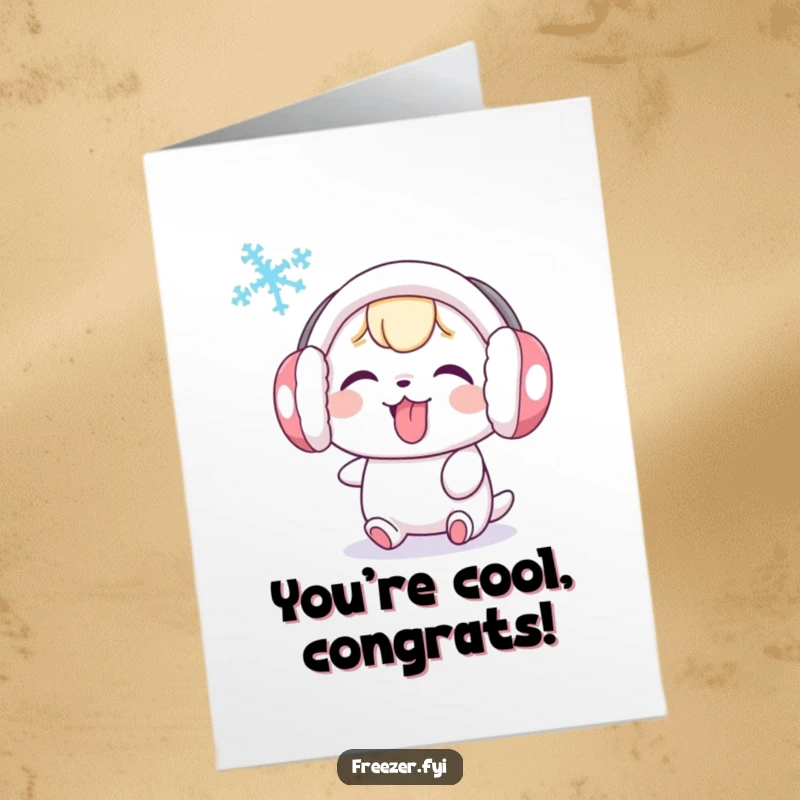 Funny Free Printable Congrats Card: Character with earmuffs playfully sticking tongue out at a snowflake. Humorous celebration.