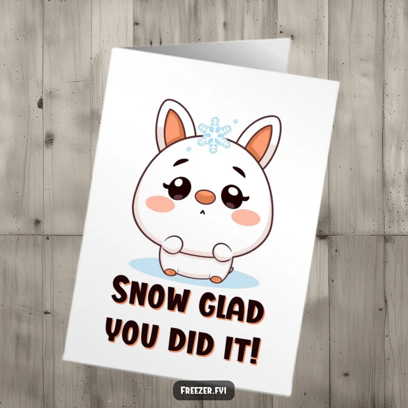 Funny Free Printable Congratulations Card: A character displays comical surprise as a snowflake unexpectedly lands right on its nose tip.