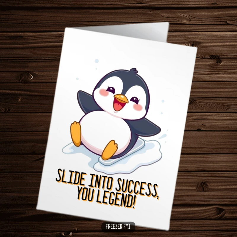 Funny Free Printable Congratulatory Card: A chubby penguin slides gleefully down an icy slope, celebrating your success.