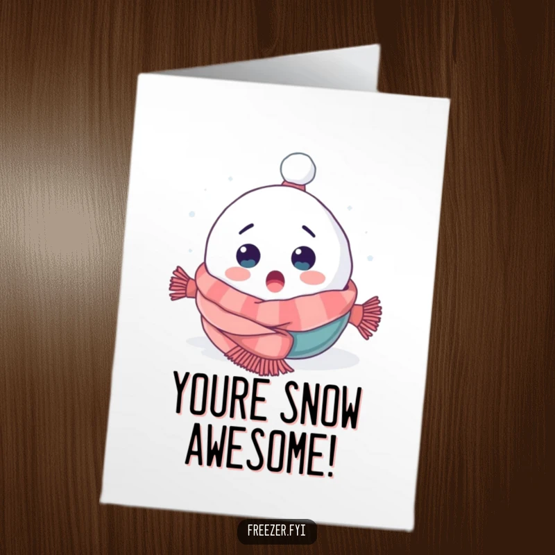 Funny Free Printable Congratulations Card: Surprised snowball character falling into a scarf, celebrating good news.