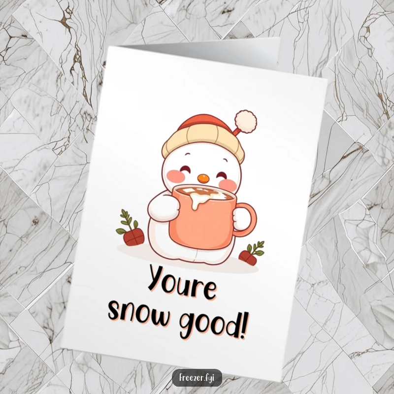 Funny Free Printable Congratulations Card: Content snowman character enjoying hot cocoa, celebrating a cozy achievement.