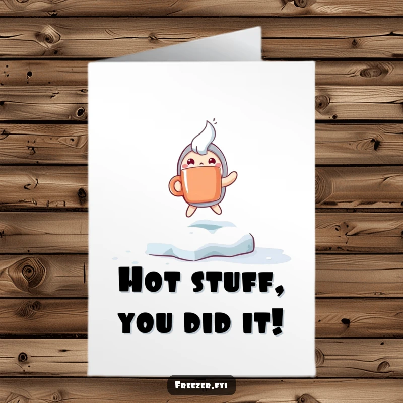 Funny Free Printable Congrats Card: Character Happily Hopping with a Steaming Mug on Ice, Festive Achievement Art