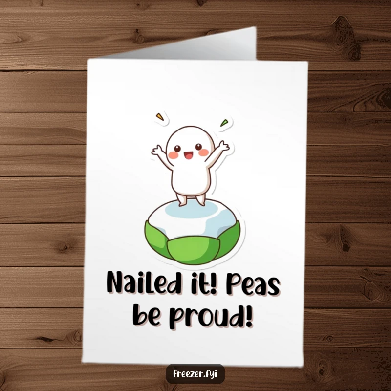 Funny Free Printable Congratulations Card: A delighted character performs a joyous dance on a slippery frozen pea, celebrating success.