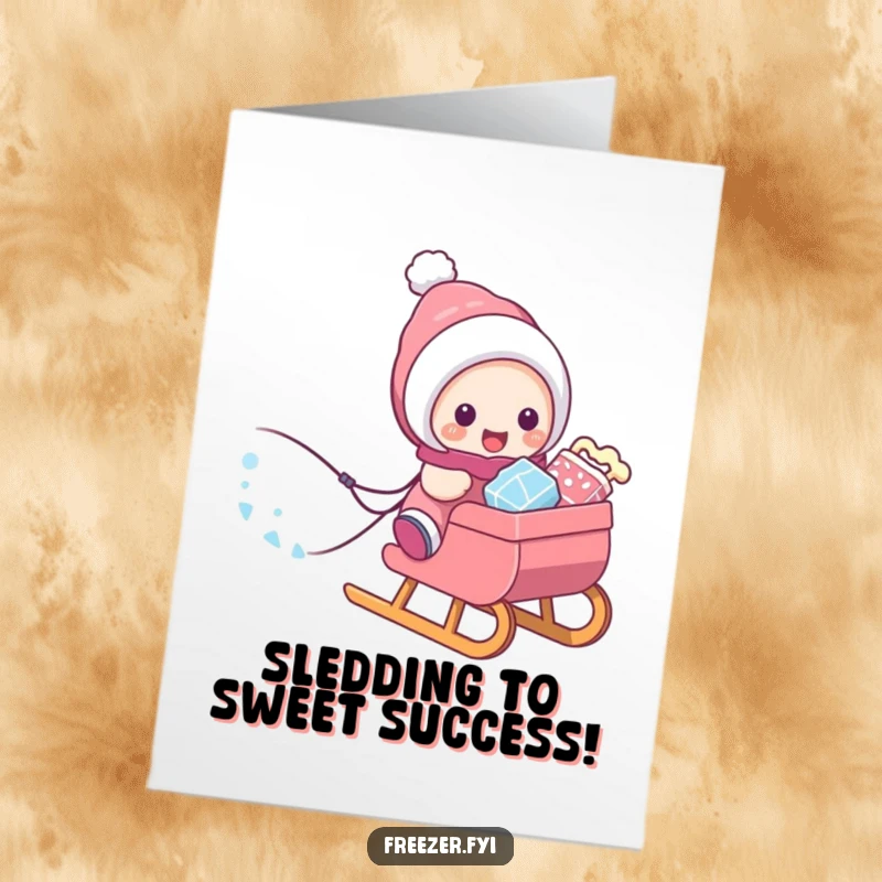 Funny Free Printable Congrats Card: A character gleefully pulls a sled piled high with frosty goodies, celebrating an achievement with sweet rewards.