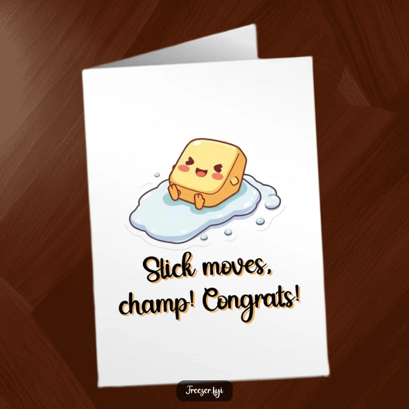 Funny Free Printable Congratulations Card with a tiny butter pat character joyfully sliding down a frosty surface.
