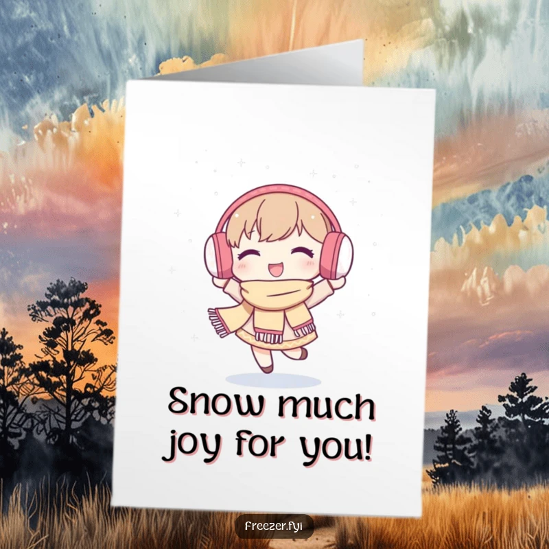 Funny Free Printable Congrats Card: A joyful character dances happily in snowfall, dressed warmly, celebrating achievements with a delightful wintery groove.