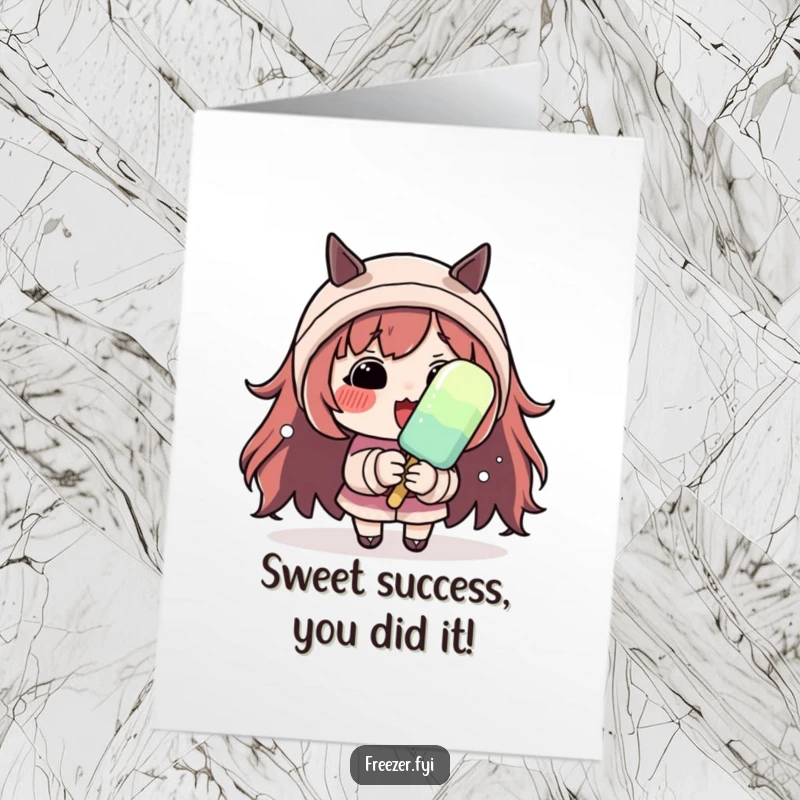 Funny Free Printable Congrats Card: Character with rosy cheeks shivering dramatically while holding a mini popsicle. Humorous success.
