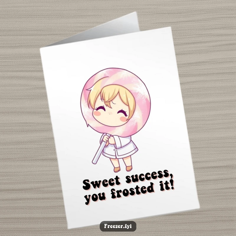 Funny Free Printable Congrats Card: Character holding a massive frosted lollipop, a humorous downloadable for any proud moment.