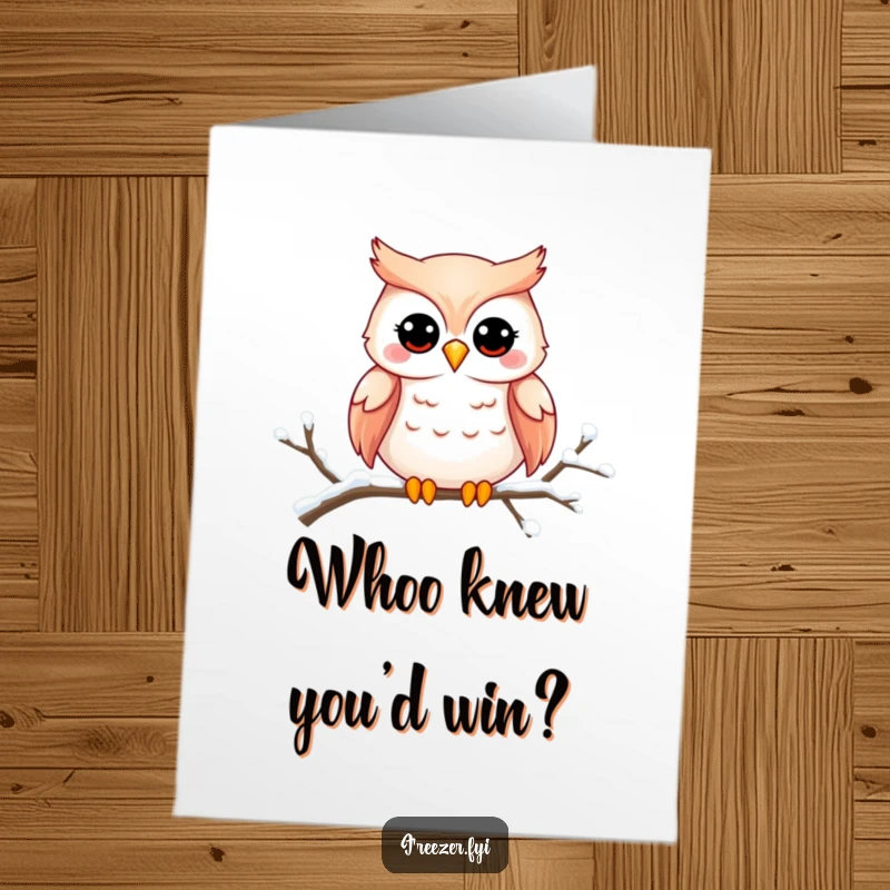 Funny Free Printable Congratulations Card: A charming owl smiling warmly from a snow-covered branch, celebrating success.
