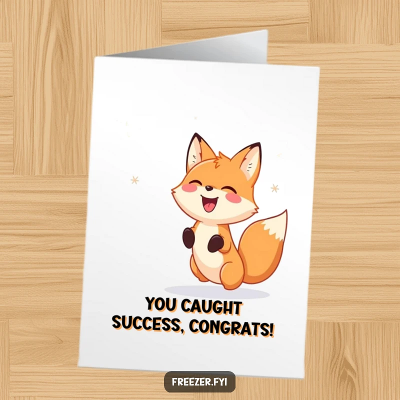 Funny Free Printable Congratulatory Card: A happy fox gleefully chases falling snowflake patterns, celebrating your wonderful achievement.