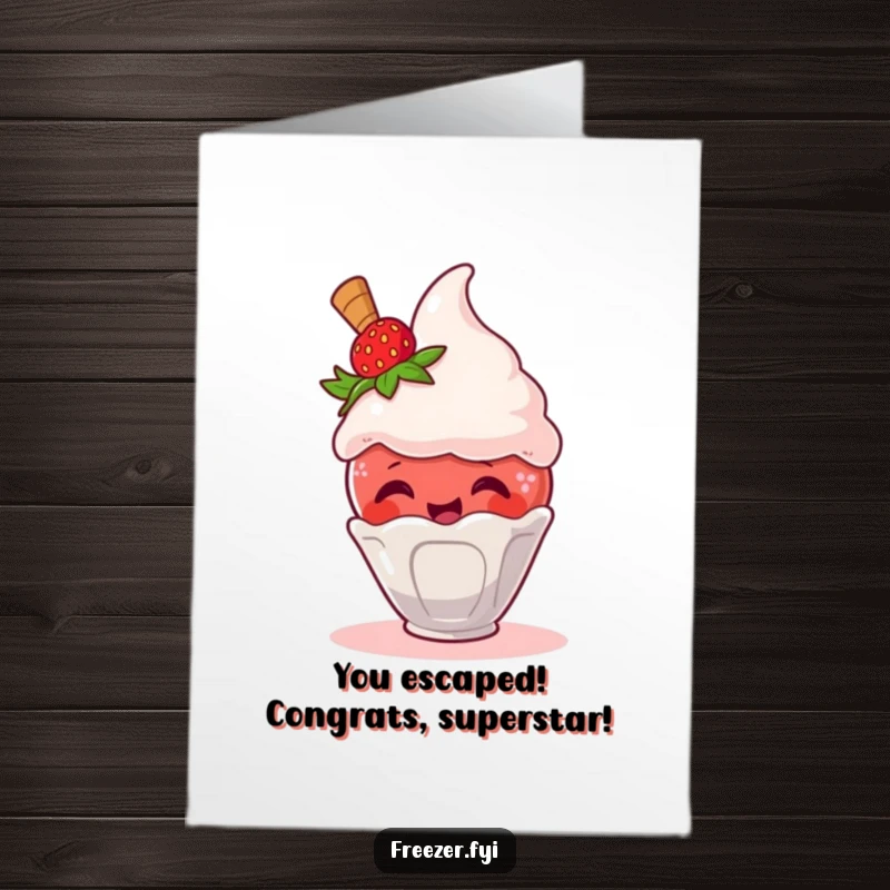 Free Printable Congratulations Card: A giggling strawberry makes a daring escape from a frosty ice cream scoop.