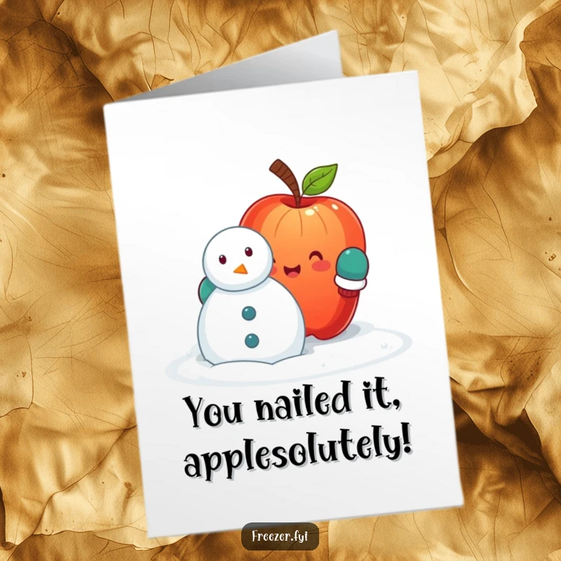 Funny Free Printable Congratulations Card: Cute apple with mittens adorably fails at snowman construction