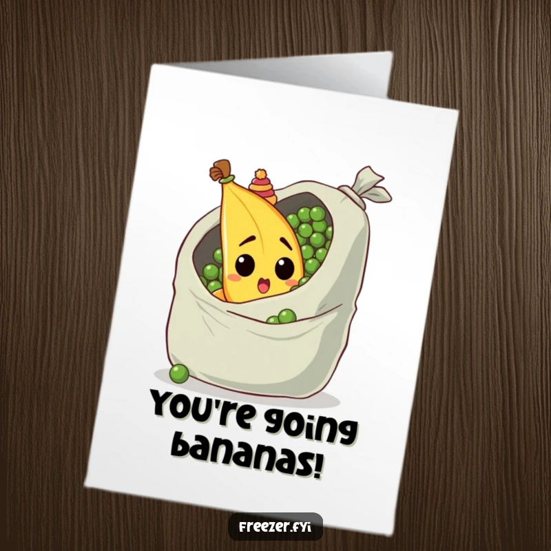 Funny Free Printable congratulations card featuring a surprised banana in a hat behind peas, a delightful and humorous way to say congrats.