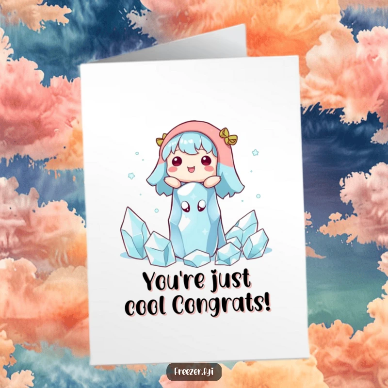 Funny Free Printable Congrats Card: Character happily floating among ice crystals, a serene downloadable gift.