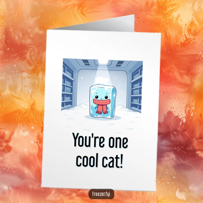 Funny Free Printable congratulations card showing a shivering ice cube with a scarf, expressing congratulations with icy, humorous charm.