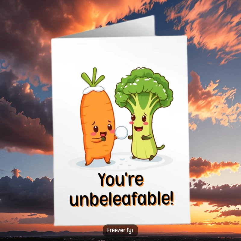 Funny Free Printable congratulations card featuring a carrot in a snowball fight with bewildered broccoli, a humorous and celebratory scene.