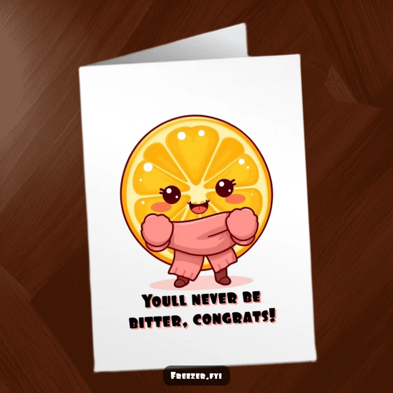 Free Printable Congratulations Card: A joyful orange slice character in mittens and scarf celebrates success.