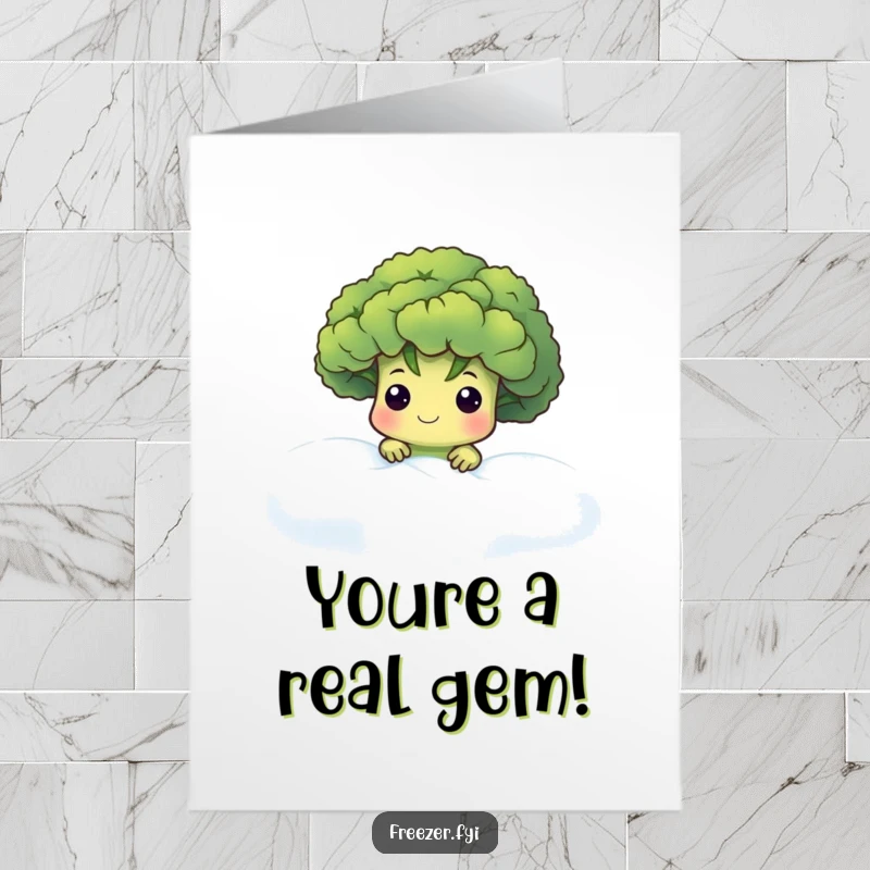 Funny Free Printable Congrats Card: A shy broccoli floret peeking from a frosty fog, conveying congratulations with a cool charm.
