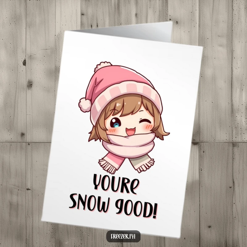 Funny Free Printable Winter Hat Congratulations Card: Character joyfully sports a small winter hat and scarf, celebrating. Downloadable.