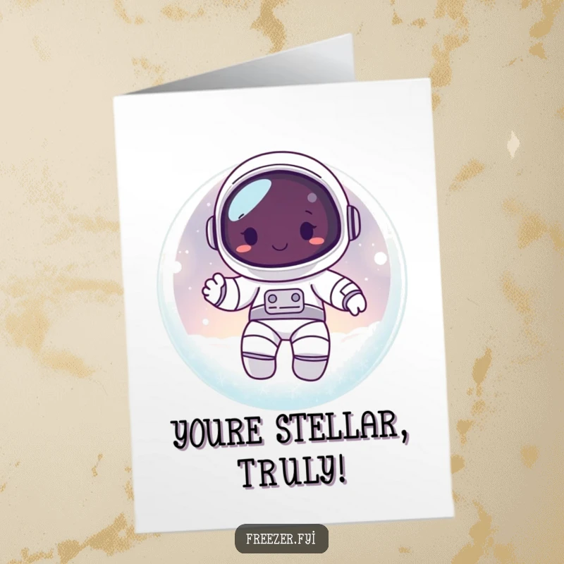 Funny Free Printable Congratulations Card: Happy astronaut character inside a glowing orb, celebrating a major win.