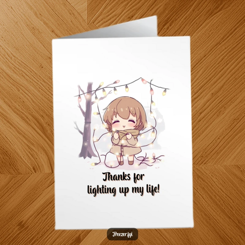 Funny free printable thank you card: a character caught in a string of fairy lights with a slightly bewildered look.
