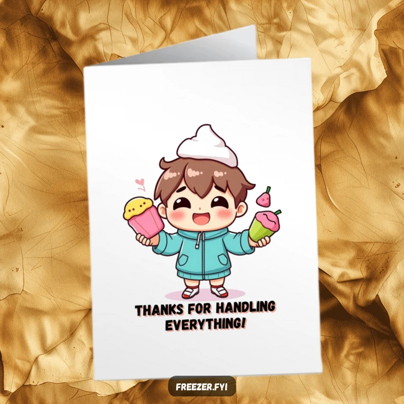 Funny free printable thank you card: a character joyfully juggling several colorful frozen food items.