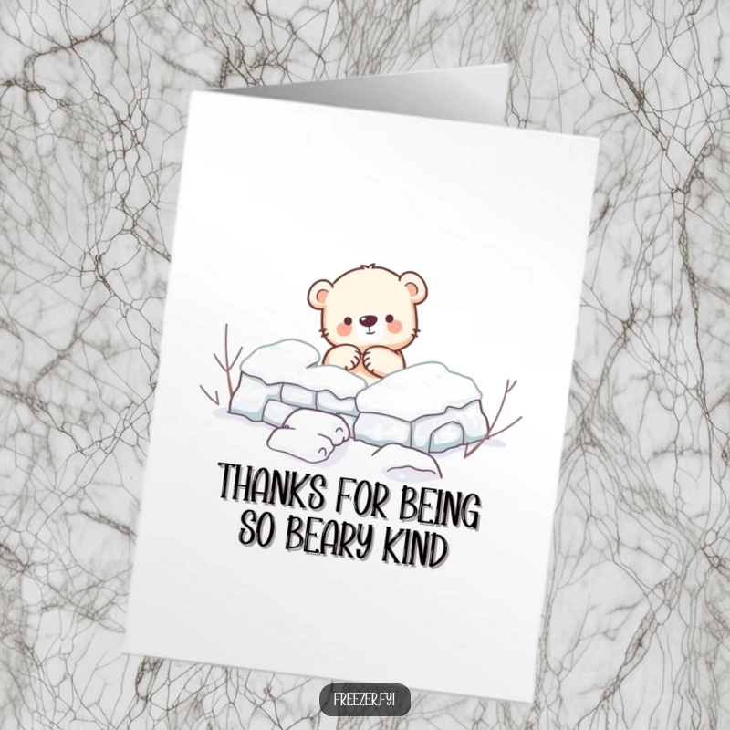 Funny Free Printable Thank You Card: A small bear cub enthusiastically builds a snow fort, sending thanks with a smile.